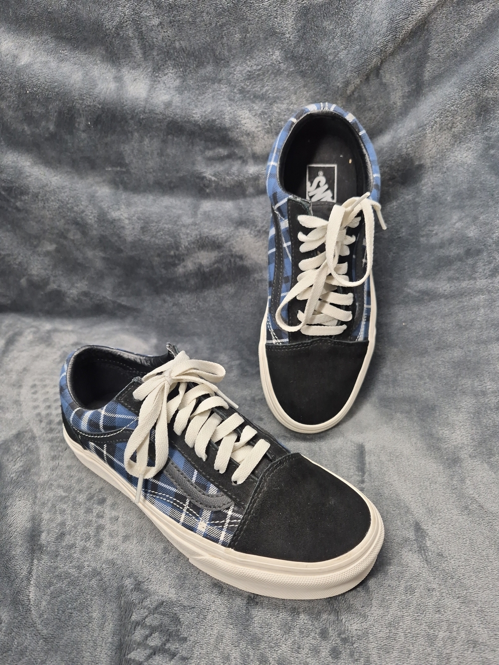 Vans Old Skool In Plaud Blue Canavas Black Suede Tartan PatteSize Mens 6.5 Wos 8